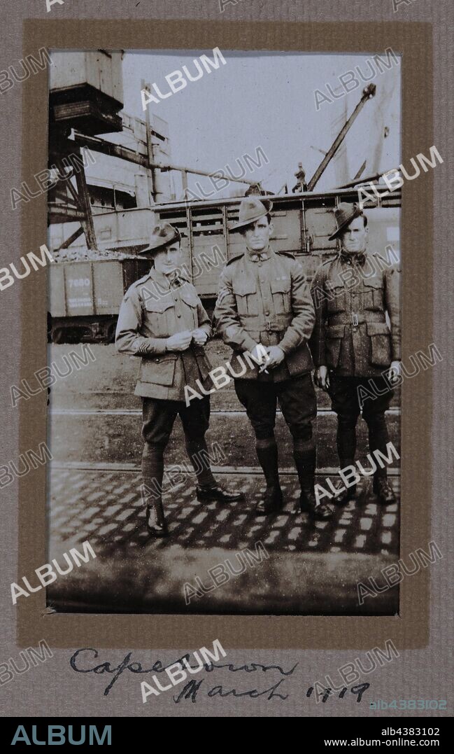 Photograph - 'Capetown', South Africa, Sergeant Major G.P. Mulcahy, World War I, Mar 1919, One of 44 black and white photographs in an album bound in green suede, believed to have been taken by Sergeant Major Gilbert Payne Mulcahy during World War I. It documents his military service in Egypt, France, Belgium and his return to Australia via Capetown and the Quarantine Station, Point Nepean, 1916-1919. This image depicts three servicemen at Cape Town, South Africa. The photograph.