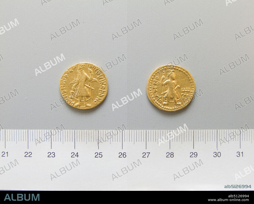 Ruler: Kanishka, Emperor of the Kushan dynasty, 78144, ruled ca. 127150, Mint: India, 1 Dinar of Kanishka from India, 12752, Gold, 7.89 g, 12:00, 20.1 mm, Made in India, Indian, 2nd century, Numismatics.
