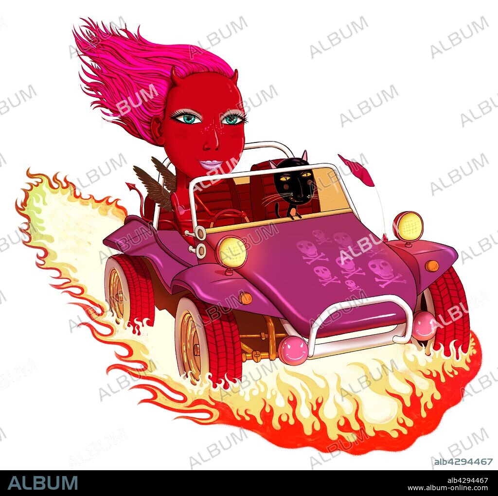 Woman with devil horns riding in dune buggy with cat.