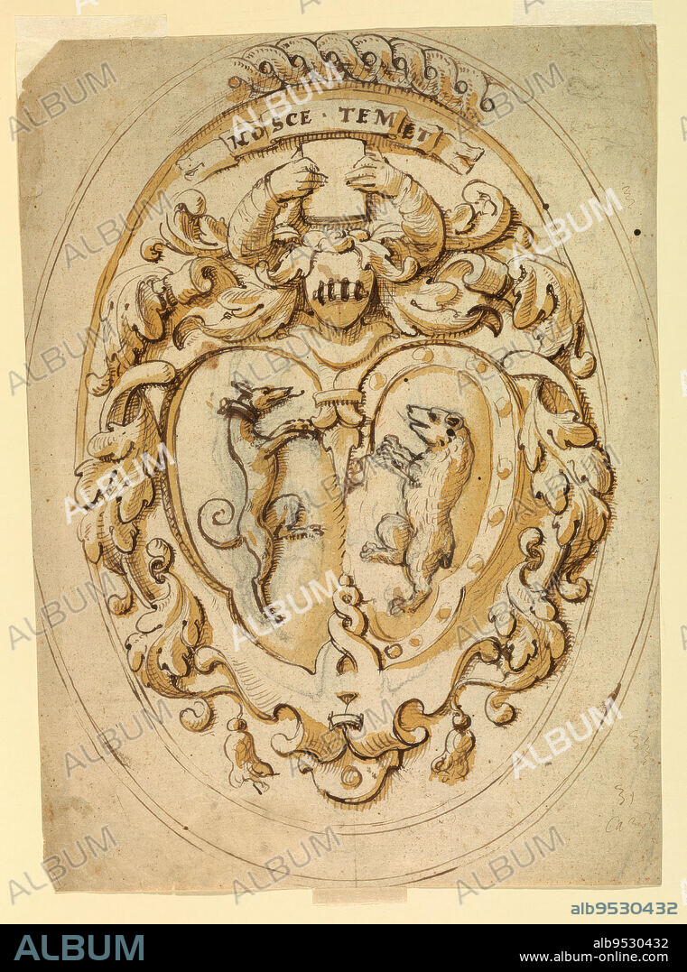 A scrollwork escutcheon contains two shields with a greyhound rampant and a bear rampant, respectively. Two arms rise from the helmet; the hands hold a book. A scroll with the inscription NOSCE TEMET is on top. At the lower ends of the manteling heavy tassels. Ovoidal molded fram for which an interlacement band is is suggested in its top part. Below at right, pen scratching and written "Ca...(?). Verso: Three sketches referring to volutes, shown obliquely and from the front. Above at left are horizontally drawn two oblique views of an entablature. A circle is drawn below at left. Date: 1580-1600. Black chalk, pen and ink, brush and watercolor on paper.