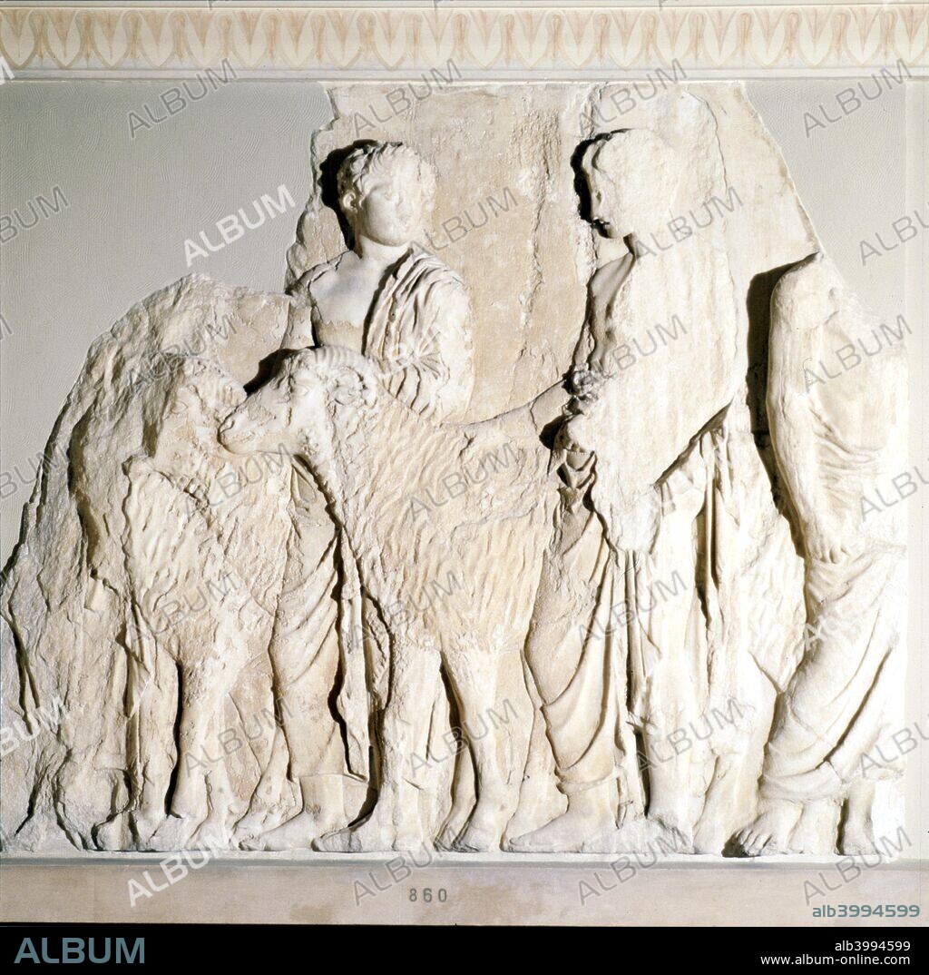 Parthenon Frieze, Elgin Marbles, Sacrifice Procession with Ram, c5th century BC. The Parthenon frieze is a high-relief pentelic marble sculpture created to adorn the upper part of the Parthenon?s naos, sculpted between c443BC and c438 BC, most likely under the direction of Pheidias. At present, the majority of the frieze is at the British Museum in London (forming the major part of the Elgin Marbles).
