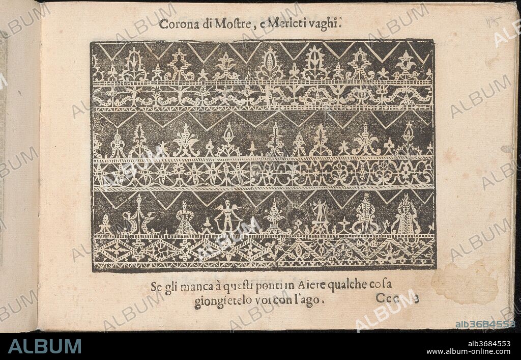 Corona delle Nobile et Virtuose Donne, Libro Terzo, page 15 (recto). Designer: Cesare Vecellio (Italian, Pieve di Cadore 1521-1601 Venice) , Venice. Dimensions: Overall: 5 1/2 x 7 11/16 in. (14 x 19.5 cm). Publisher: Alessandro de' Vecchi (Italian, active Venice, 1570-1629) , Venice. Date: 1620.
Designed by Cesare Vecellio, Italian, Pieve di Cadore 1521-1601 Venice, Venice, published by Alessandro de' Vecchi, Italian, active 17th century, Venice.
From top to bottom, and left to right:
Design composed of 3 horizontal registers. Each register is decorated at the top with a zigzagging line, underneath which is an alternating pattern of tall and short flowers that sit upon a rectangular base ornamented with other floral and foliage elements. The bottom register is ornamented with figures in addition to flowers.
