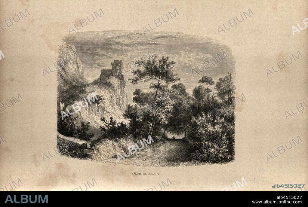 Bolzen Valley, Vallée de Bolzen, Signed: Rouget, wood engraving, plate 45, after p. 358, Girardet, Karl; Toepffer, Rodolphe; Rouget, François, 1846, Alexandre Calame, Rodolphe Toepffer, Voyages en zigzag ou excursions d'un pensionnat en vacances dans les cantons suisses et sur le revers italien des alpes. Paris: J. J. Dubochet, Le Chevalier et compagnie, 1846.