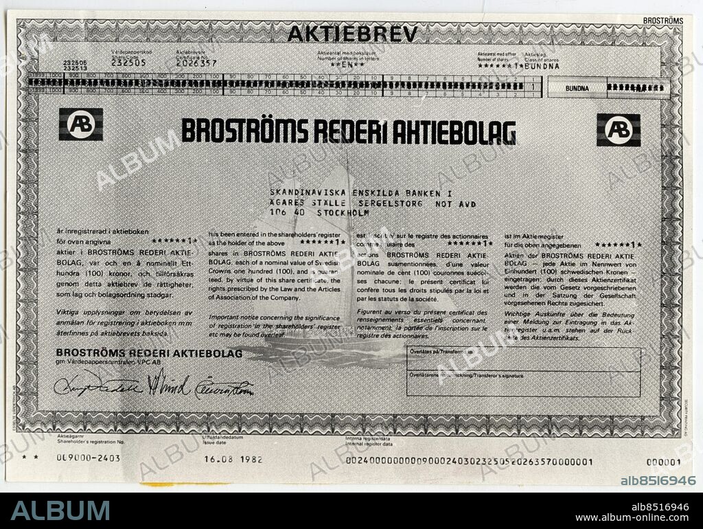 1982-10-17 - En aktie hos Broströms Rederi Aktiebolag. *** Local Caption *** GP-mapp Broström Rederi AB. KAMERAREPORTAGE.
