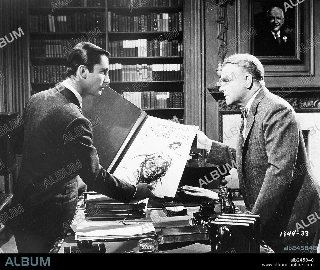 JAMES CAGNEY and ROBERT EVANS in MAN OF A THOUSAND FACES, 1957, directed by JOSEPH PEVNEY. Copyright UNIVERSAL PICTURES.