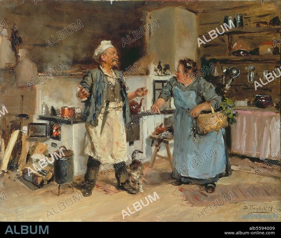WLADIMIR JEGOROWITSCH MAKOWSKI. Makowski, Wladimir Jegorowitsch 1846-1920. "Streitgespräch in der Küche", 1912. Öl auf Holz, 32 × 40 cm. Inv. Nr. G-1304. Wologda, Kunstmuseum.
