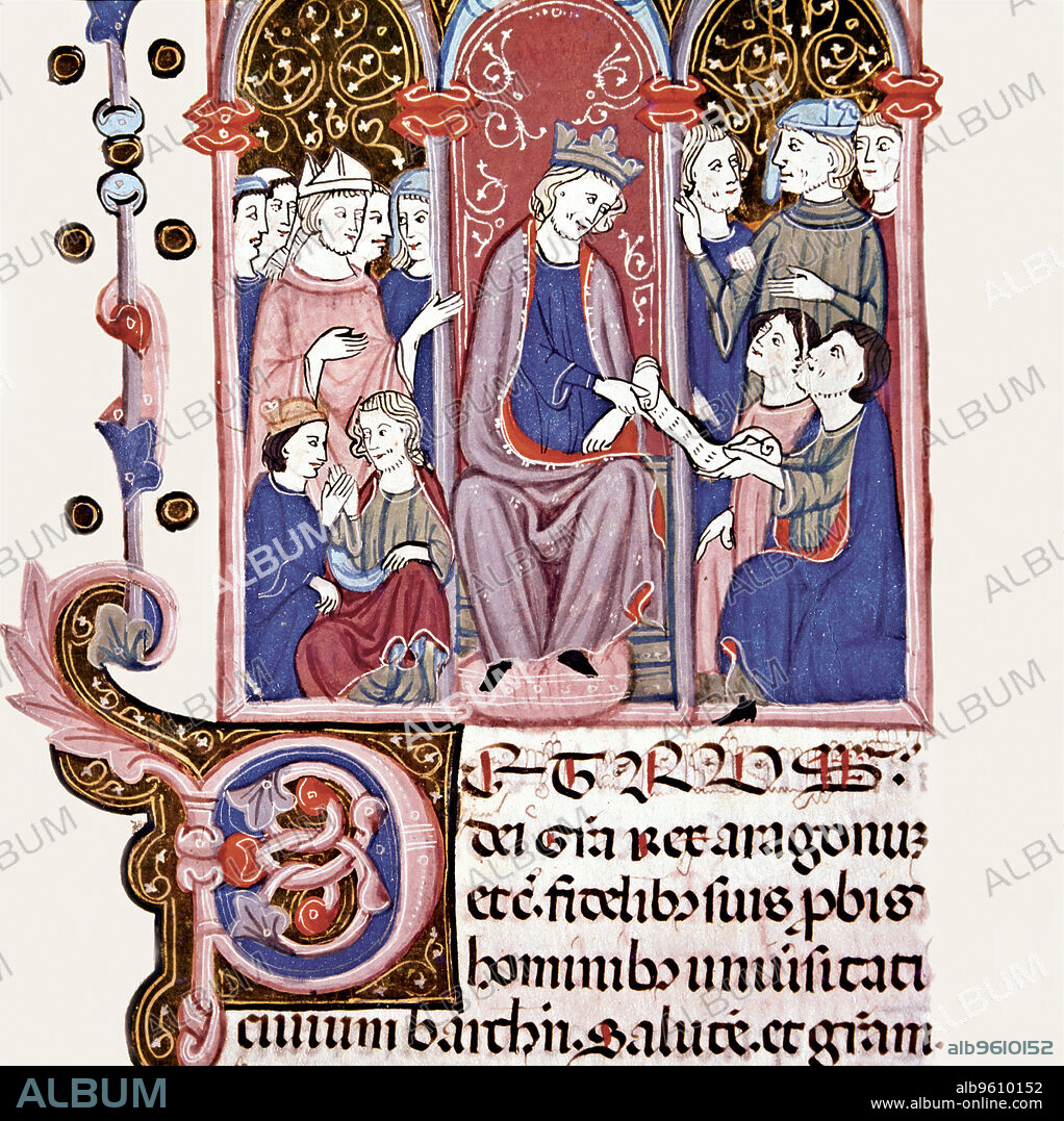 The King Ferran and his court, Miniature in the 'Llibre dels Usatges i Constitucions de Catalunya' (Usatges de Barcelona i Commemoracions de Pere Albert). Manuscript, 14th century, preserved in the Paeria of Lleida.