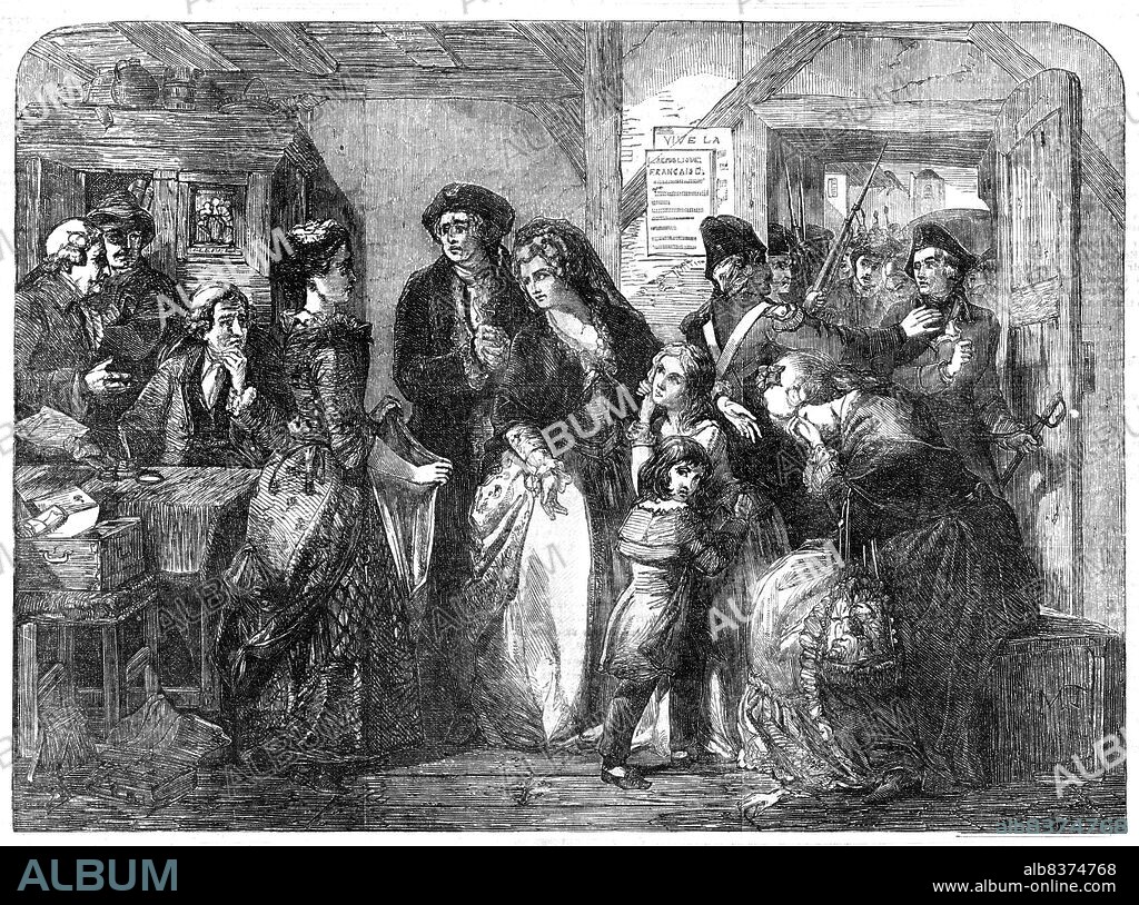 The Arrest of Louis XVI. and his family, at Varennes, in June, 1791 - painted by T.F. Marshall - from the Exhibition of the Royal Academy, 1854. Scene inspired by "Histoire des Girondins" by Lamartine. King Louis XVI and Queen Marie Antoinette of France are on the run during the French Revolution, and seek help from Madame Sausse, the wife of a grocer. The queen appeals to her, citing the fact that she too is a mother, and a wife. Madame Sausse replies drily, "You worry about your husband, and I'll worry about mine". From "Illustrated London News", 1854.