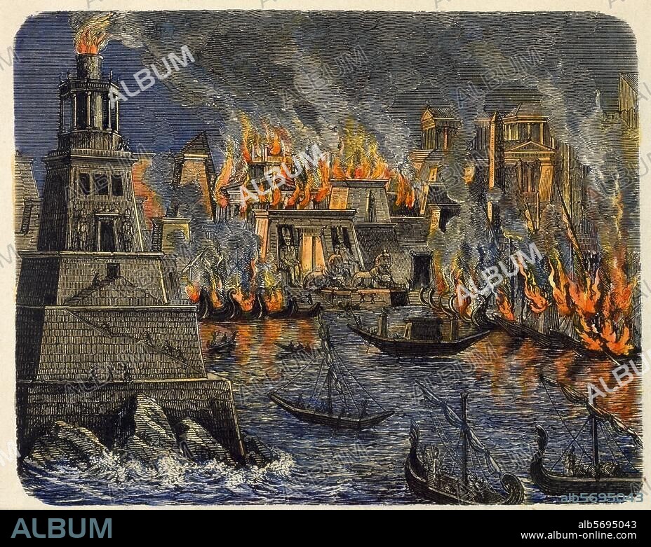 ANONYM. Alexandria (Ägypten), Alexandrinische Bibliothek. (gegr. v. Ptolemäus II., 283-246 v. Chr.; 47 v. Chr. abgebrannt). "Brand des Museums zu Alexandria". Holzstich, unbez., spätere Kolorierung. Aus: Hermann Göll, Die Weisen und Gelehrten des Alterthums, 2. Aufl. Leipzig. (Otto Spamer) 1876, S. 359. Berlin, Sammlung Archiv für Kunst und Geschichte.