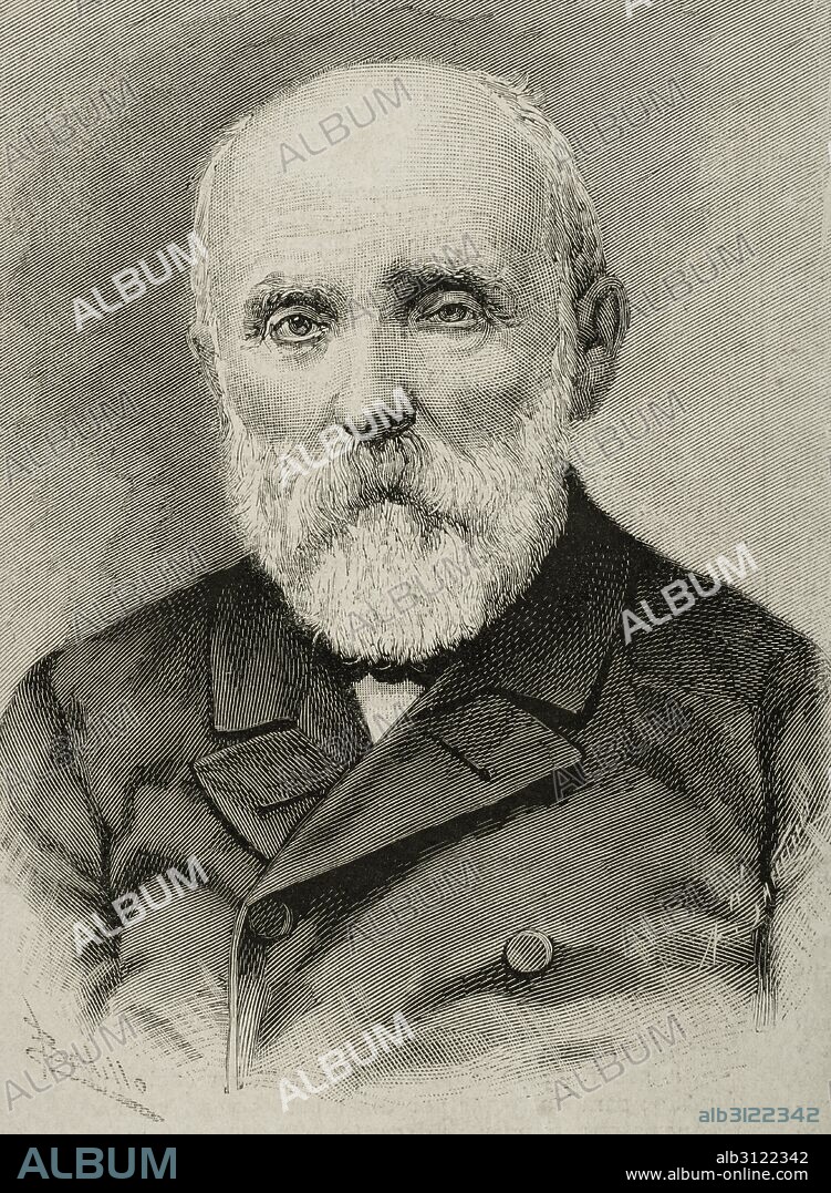 Juan Vilanova y Piera (1821-1893). Naturalista y geólogo español. Retrato. Grabado por Arturo Carretero (1852-1903). La Ilustración Española y Americana, 1889.