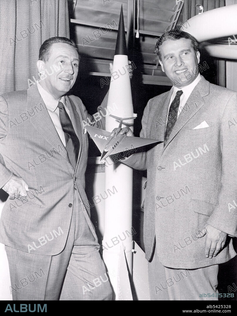 Walt Disney and Dr. Wernher von Braun, USA, 1954. Dr. Werhner von Braun, then Chief, Guided Missile Development Operation Division at Army Ballistic Missile Agency (ABMA) in Redstone Arsenal, Alabama, was visited by Walt Disney in 1954. In the 1950s, von Braun worked with Disney Studio as a technical director, making three films about space exploration for television.