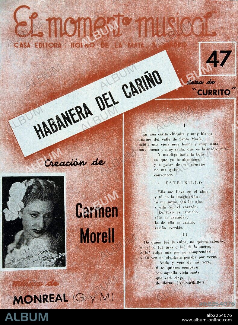 MORELL , CARMEN. ROSA FERRANDO GALIANA.  CANTANTE Y ACTRIZ ESPAÑOLA. BARCELONA 1929. PARTITURA DE "HABANERA DEL CARIÑO".