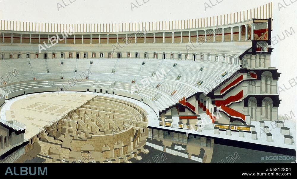 Rome (Italy), Colosseum. (building started under Vespasian, completed under Titus 80 AD). Reconstruction (cut-away section) with the five levels. Watercolour, undated, by Peter Connolly. (1935-2012).