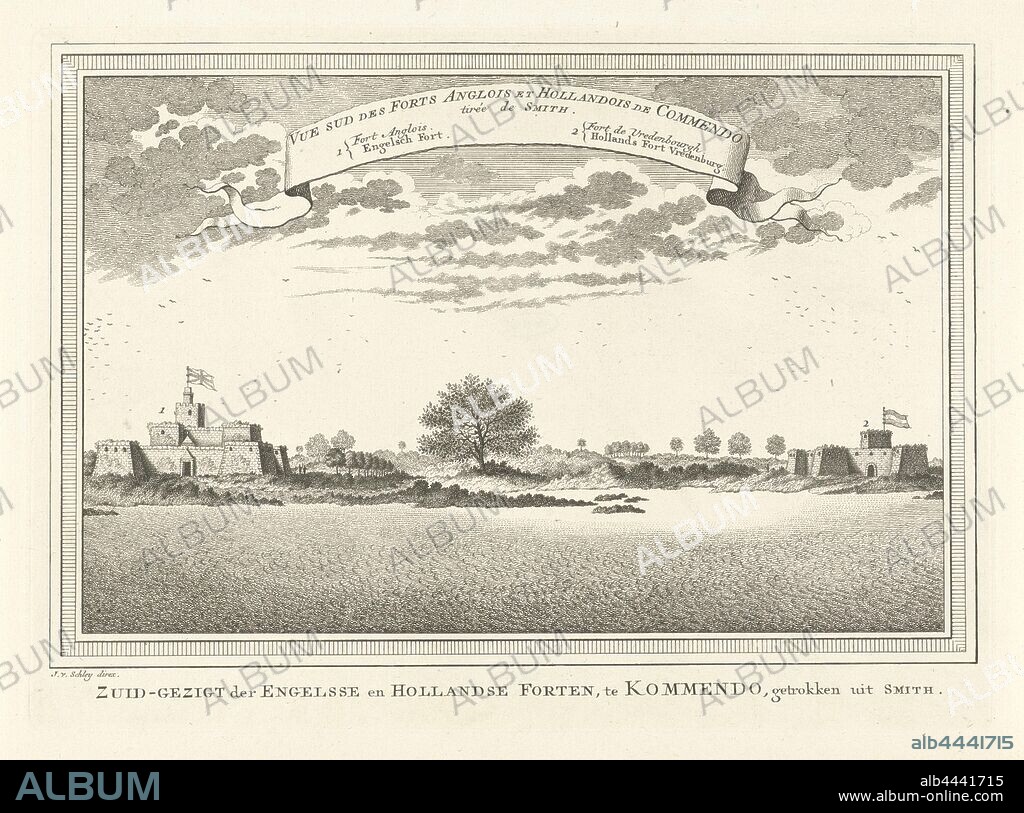 View of the Dutch and English fort at Kommendo South envoy of the English and Dutch Forts, at Kommendo, drawn from Smith (title on object), fortifications, military engineering, Jacob van der Schley (mentioned on object), The Hague, 1747 - 1779, paper, engraving, h 213 mm × w 292 mm.