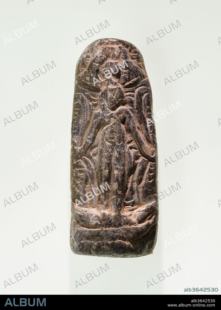 Cippus of Horus (magical stela). Dimensions: h. 4.5 cm (1 3/4 in.) × w. 1.8 cm (11/16 in.). Date: 332-30 B.C..
This small stela is representative of the genre of Egyptian art known as the cippus (plural, cippi) or magical stela. An image of the infant Horus on the front beneath a Bes-image is shown subduing dangerous animals. The Metternich Stela (acc. 50.85) is the largest and most elaborate example of the genre.
Texts on such stelae often include a reference to transforming water poured over the stela into a curative libation.