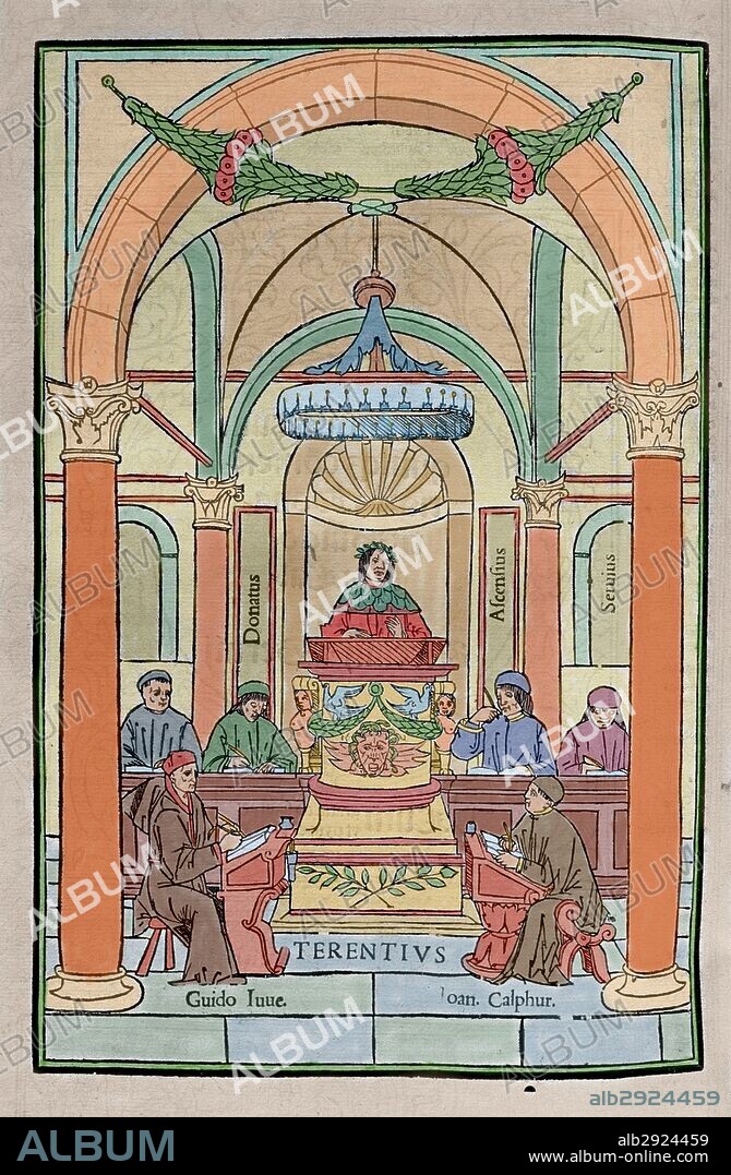 Terence (195-159 BC). Playwright during the Roman Republic. Portrait. Engraving in an edition of his works of 1518. Colored.