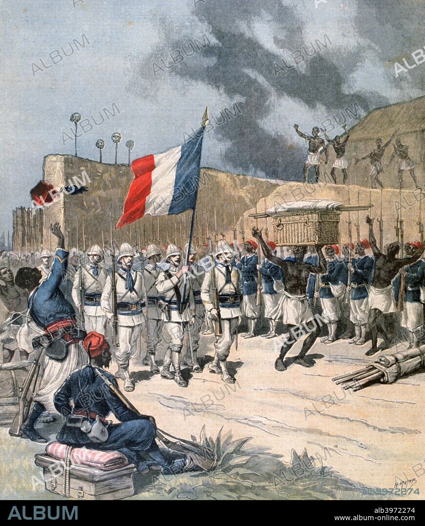 Entry of the French army into Abomey, Dahomey, Africa, 1892. In November 1892, Behanzin, the last independent reigning king of Dahomey, being defeated by French colonial forces, set fire to Abomey and fled northward. The French colonial administration rebuilt the town and connected it with the coast by a railroad. A print from a supplement to the Le Petit Journal, 24th December 1892.