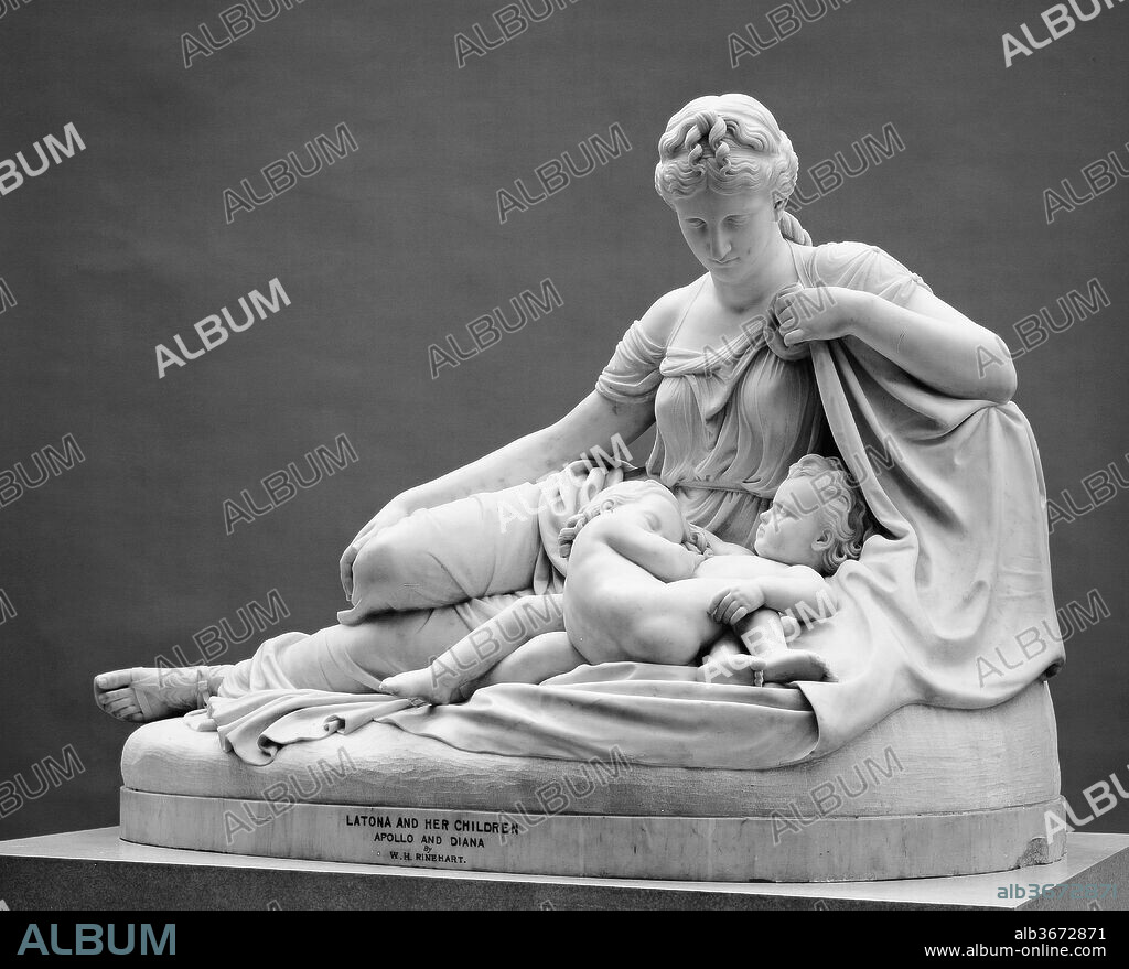 Latona and Her Children, Apollo and Diana. Artist: William Henry Rinehart (American, Union Bridge, Maryland 1825-1874 Rome). Dimensions: 46 1/8 x 65 3/4 x 31 in., 2795lb. (117.2 x 167 x 78.7 cm, 1267.8kg). Date: 1870; carved 1874.
In his interpretations of ancient myths and legends, Rinehart, who was based in Rome, avoided the extraneous detail and emotionalism favored by other American expatriate sculptors. Here, Latona (Leto in Greek), goddess of darkness, is seated beside the sleeping Apollo and Diana (Artemis), the twin children she had by Jupiter (Zeus). The goddess looks down with tranquil affection upon the putti-like infants, later to become, respectively, the god of light and the sun and the goddess of the moon and the hunt. A restrained classicism is also evident in Latona's facial features, simplified hair pattern, and archaeologically precise clothing and sandals.