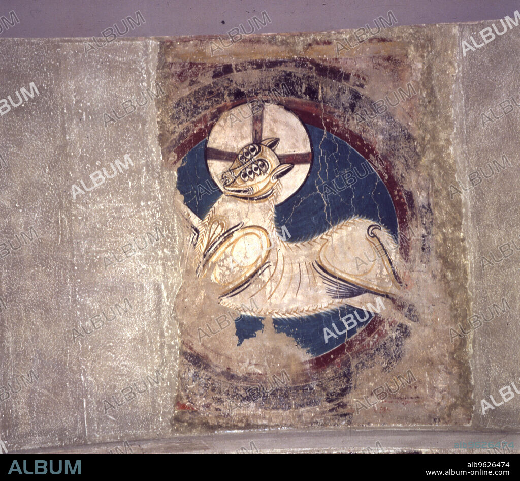 Detail of the 'Agnus Dei' as apocalyptic of the apse of the church of Sant Climent de Taüll in the Vall de Boi (Boi Valley), Alta Ribagorza.