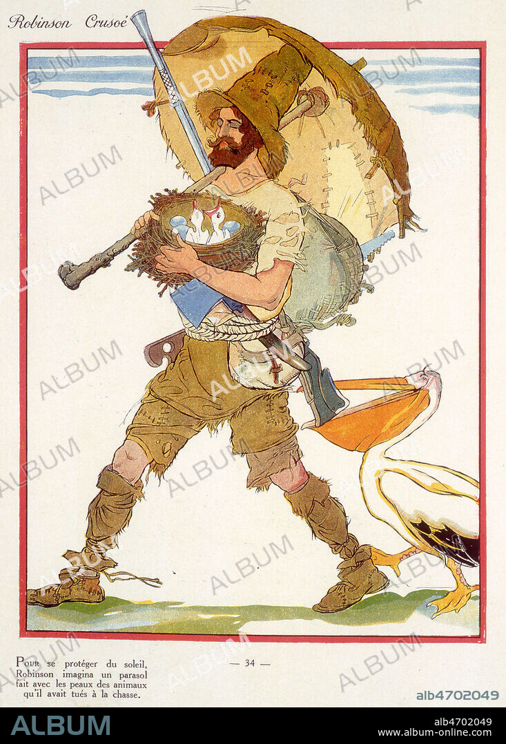 Robinson Crusoe et son parasol. Illustration de 1930 par Felix LORIOUX (1872-1964=ADAGP.) pour Robinson Crusoe de Daniel DEFOE (1660-1731). ADAGP. Credit : ADAGP./Coll. Jonas/KHARBINE-TAPABOR.