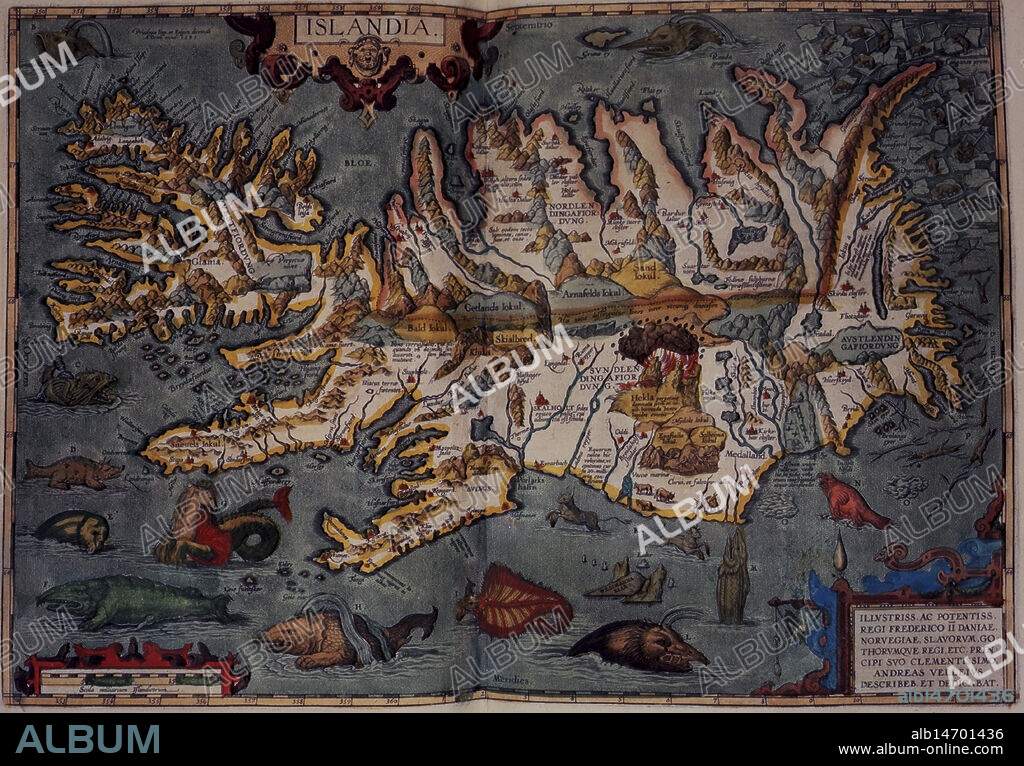 Map of Iceland, 1606. 'Islandia', with volcanos and sea monsters. From "Theatrum Orbis Terrarum", by Abraham Ortelius.