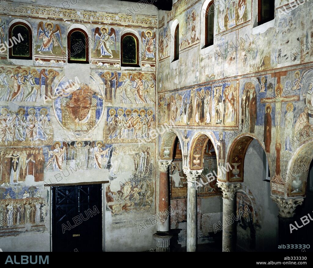 Detail of frescos over facade interior of story of Passion and Last Judgement Basilica S. Angelo Formis Capua. S. Angelo in Formis Capua, Italy.