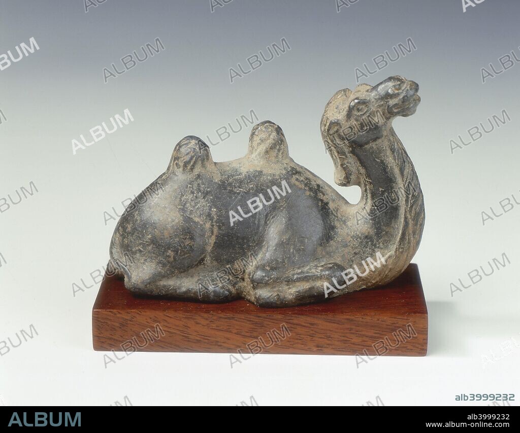 Lead Bactrian camel, Sui-early Tang dynasty, China, late 6th-7th century. Lead two-humped camel, the head thrown back and to one side. The camel is lying down with legs underneath, one protruding, a shaggy mane and details; the base with a circular plug. Such camels have been known to decorate Buddhist shrines of this period.