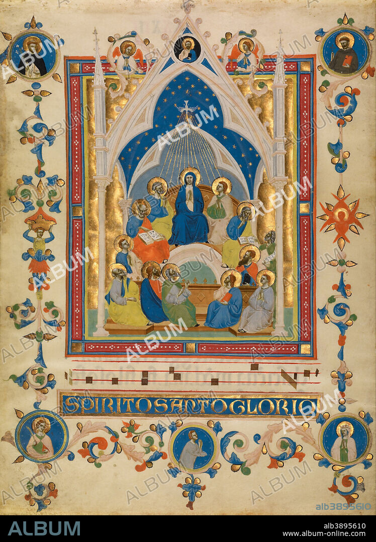 MASTER OF THE DOMINICAN EFFIGIES. Pentecost. Date/Period: Ca. 1340. Detached leaf. Tempera and gold on parchment. Height: 430 mm (16.92 in); Width: 317 mm (12.48 in).