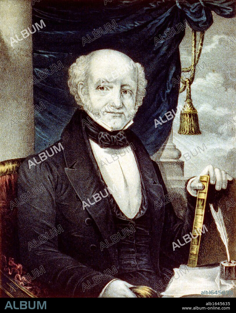 Martin Van Buren (1782-1862) Eighth President of the United States of America (1837-1841), the first President to be born an American citizen.  Currier & Ives lithograph portrait of Van Buren seated at desk holding a leather-bound book.