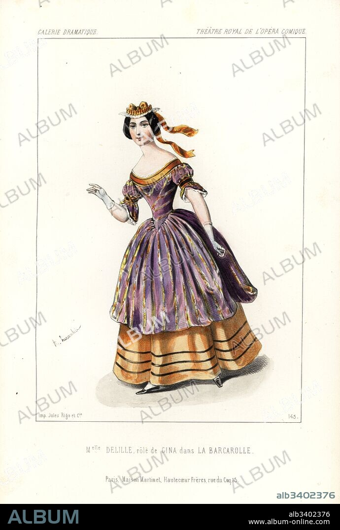 Mezzo-soprano singer Mlle. Delille or Octavie Morize in the role of Gina in Auber's La Barcarolle, Opera Comique, 1845. Handcoloured lithograph after an illustration by Alexandre Lacauchie from Victor Dollet's Galerie Dramatique: Costumes des Theatres de Paris, Paris, 1845.