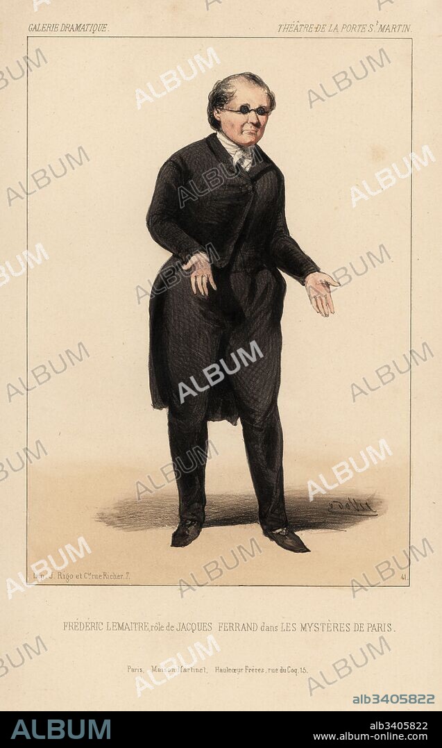 Frederic Lemaitre as Jacques Ferrand in Les Mysteres de Paris by Eugene Sue, Theatre de la Porte St. Martin, 1844. Handcoloured lithograph after an illustration by Victor Dollet from Galerie Dramatique: Costumes des Theatres de Paris, Paris, 1845.