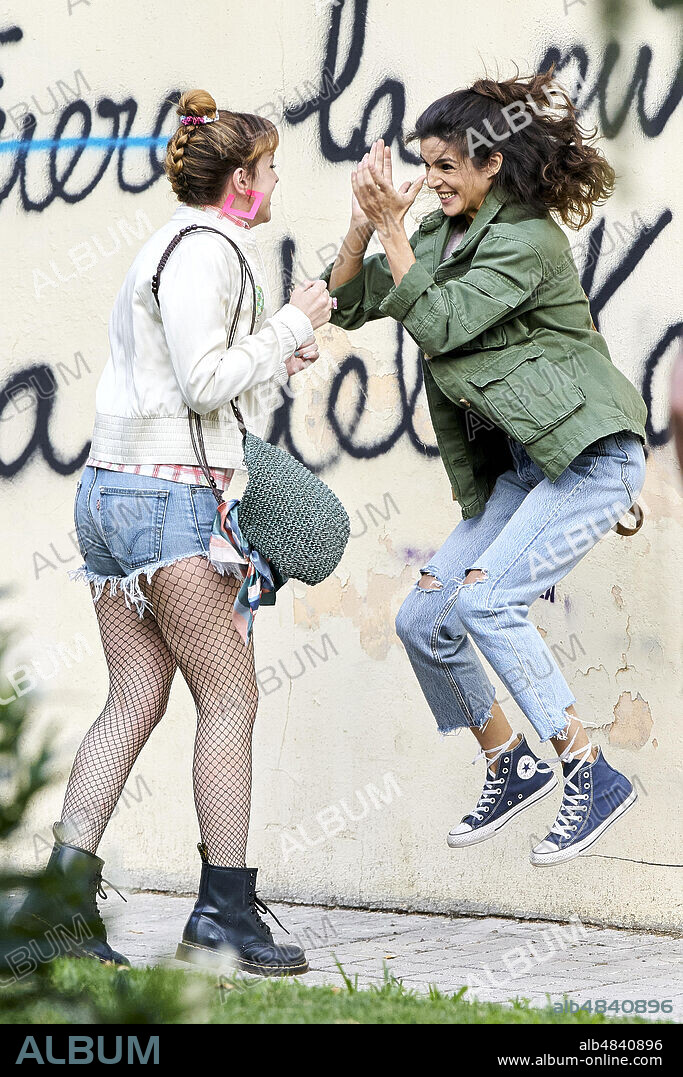 July 17, 2020, Mostoles, Madrid, Spain: Clara Lago and Catalina Sopelana during the filming of â¤El Vecinoâ¤ (The Neighbor) in Mostoles, Spain. â¤El Vecinoâ¤ (The Neighbor) is a Spanish superhero comedy web television series based on the comic series El Vecino by Santiago Garcia and Pepo Perez. (Credit Image: © Angel Perez/ZUMA Wire).