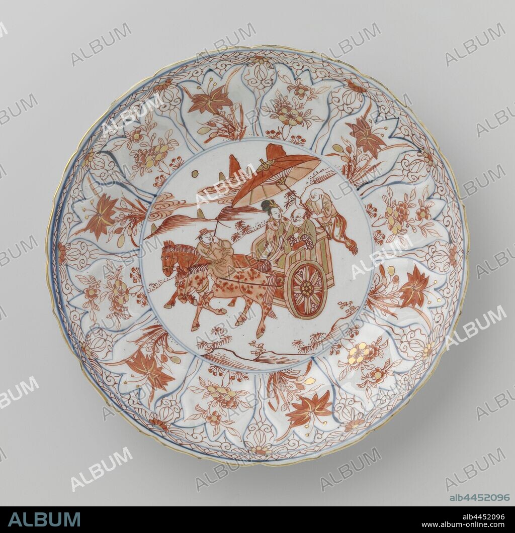 Saucer-dish with a Chinese couple in a cart with two servants, Porcelain dish, with modeled tulip motif in the wall and scalloped edge, painted in underglaze blue and on the glaze in red and gold. On the shelf a medallion with a landscape in which a Chinese lady and gentleman in a wagon pulled by two horses. On the back of the car a servant who holds a parasol above their heads, a second employee sits on a horse. On the wall tulip-shaped boxes with flower sprays, between the boxes of flower vines, on the edge a decorative band. A few chips in the edge. Milk and blood., anonymous, China, c. 1700 - c. 1724, Qing-dynasty (1644-1912) / Kangxi-period (1662-1722) / Yongzheng-period (1723-1735), porcelain (material), glaze, cobalt (mineral), gold (metal), vitrification, h 4.4 cm d 28 cm d 16.3 cm.