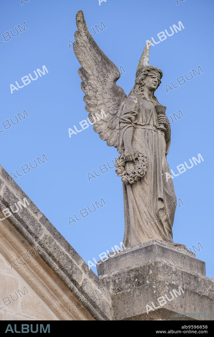 angels of the main portal, Llucmajor cemetery, Mallorca, Balearic Islands, Spain.