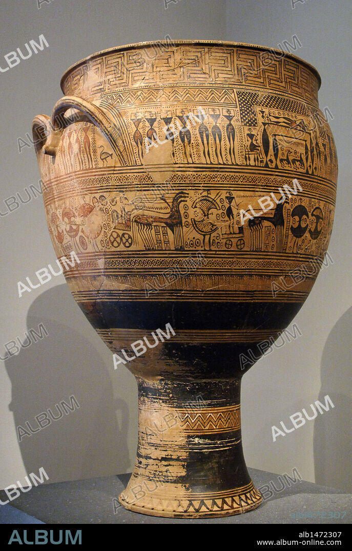 ARTE GRIEGO. GRECIA. S. VIII aC. CRATERA FUNERARIA de terracota fechada entre el 750 y el 735 aC. con la representación del DIFUNTO TENDIDO Y RODEADO POR SU FAMILIA. En la parte inferior, una PROCESION DE CARROS Y SOLDADOS A PIE. Procede de Ática. Museo Metropolitano de Arte. Nueva York. Estados Unidos.