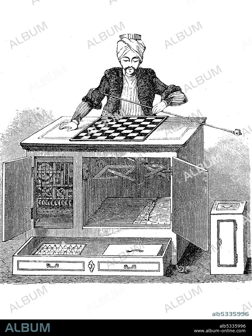 The Turk, also known as the Mechanical Turk or Automaton Chess Player, was a fake chess-playing machine constructed in the late 18th century, made by Wolfgang von Kempelen  /  Der Schachautomat von Wolfgang von Kempelen, Schachtürke, Mechanischer Schachspieler, scheinbarer Schachroboter, 1770, Historisch, historical, digital improved reproduction of an original from the 19th century / digitale Reproduktion einer Originalvorlage aus dem 19. Jahrhundert,.
