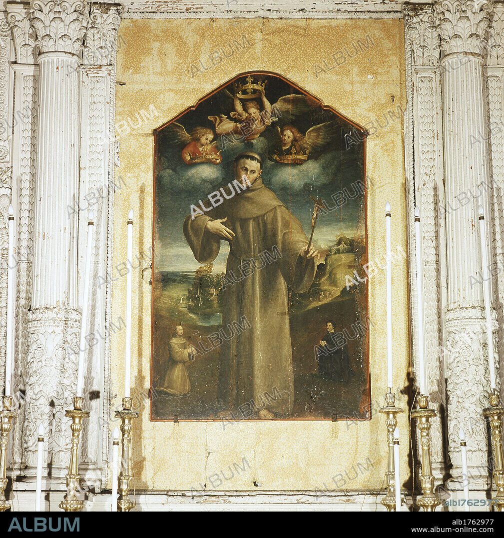 Annunciation, by Antonio Verrio, 17th Century, oil on canvas,. Italy, Puglia, Lecce, Lecce, Santa Maria degli Angeli Church. Full view. Saint St Francis tonsure habit angels crown crucifix donors brown blue black beige red.
