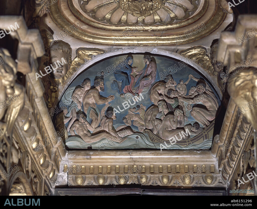 ALONSO BERRUGUETE (1488-1561). LUNETO DE SILLA ARZOBISPAL REPRESENTANDO EL JUICIO FINAL - DETALLE DEL CORO ALTO DE LA CATEDRAL DE TOLEDO - SIGLO XVI - RENACIMIENTO ESPAÑOL.