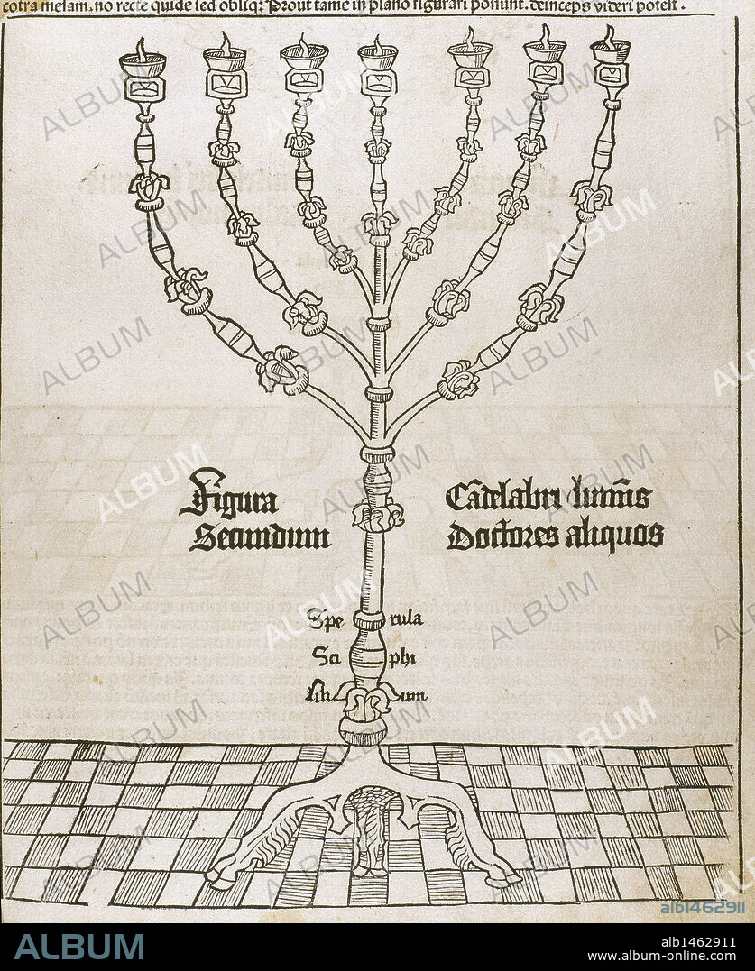 CANDELABRO DE SIETE BRAZOS (MENORAH), que existía en el tabernáculo del Templo de Jerusalén. Grabado S. XVI.