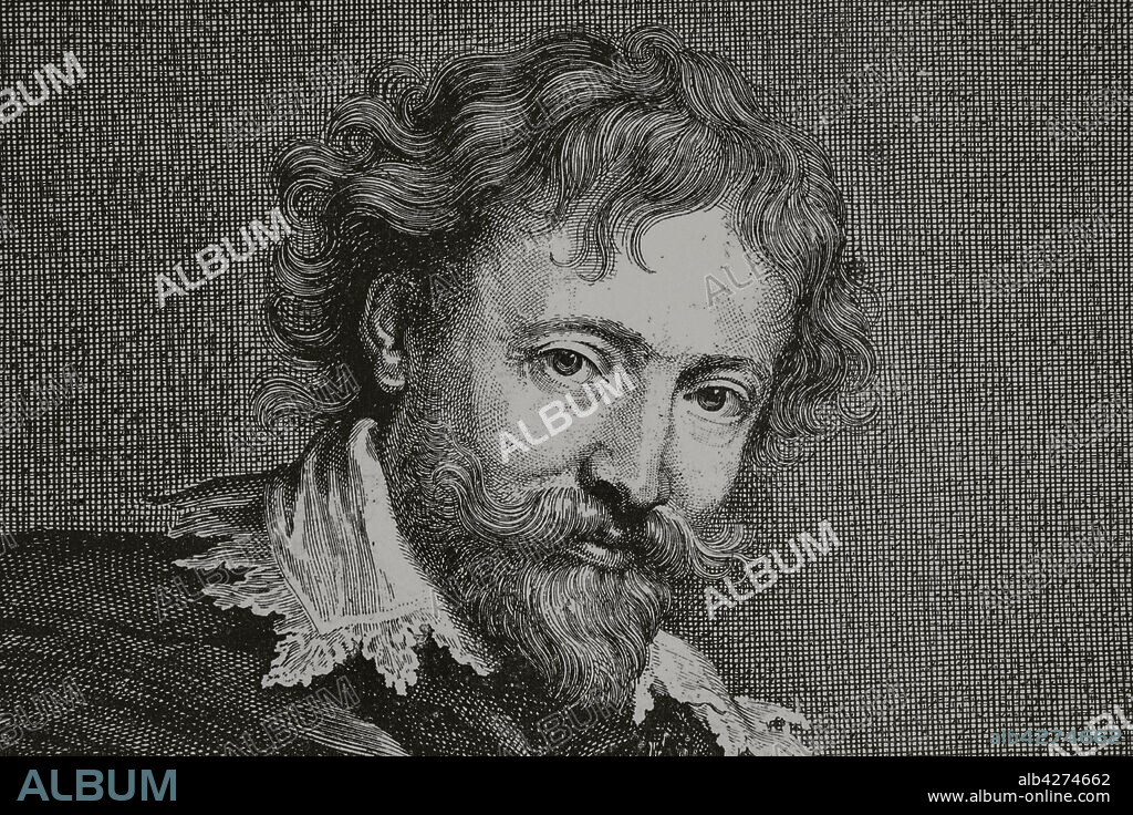 Peter Paul Rubens (1577-1640). Baroque painter of the Flemish school. Portrait by van Dyck. Engraving after an etching by Pontius. Detail. Engraving. La Ilustración Española y Americana, December 15, 1882.