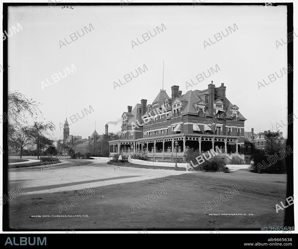 Hotel Florence, Pullman, Illinois., between 1890 and 1901. The Florence was constructed in 1881 to the design of Solon Spencer Beman. Pullman was built as a company town by American engineer and industrialist George Pullman. Note Pullman Palace Car Works on left.