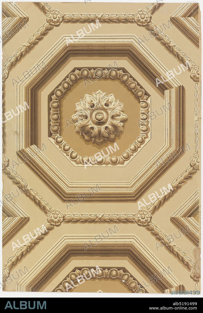 Sidewall - sample, Machine-printed paper, Architectural design of a coffered or relief design. Octagon shape defined by a molding enclosing an octagon egg-and-dart frame. Center shows a hexagonal rosette. Printed in sepia tones., USA, 19061908, Wallcoverings, Sidewall - sample.