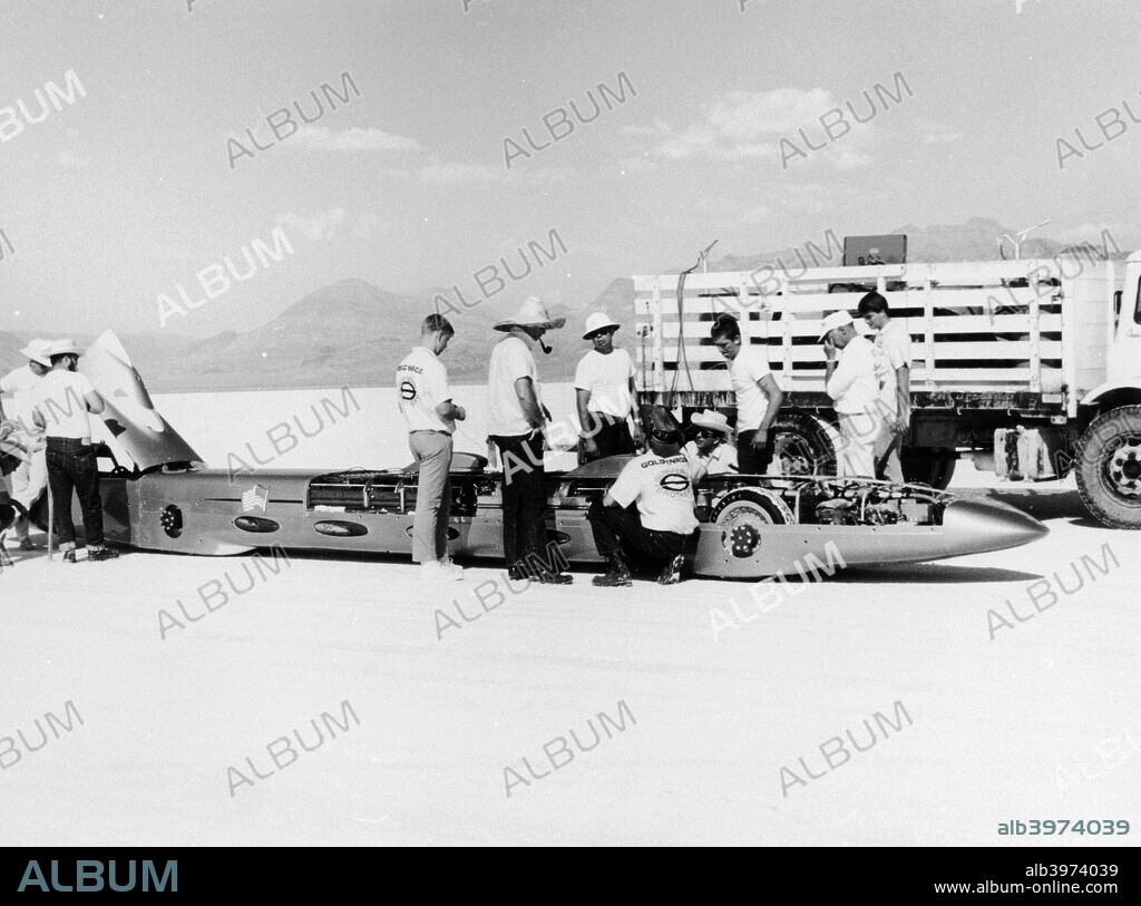 'Goldenrod' Land Speed Record car, Bonneville Salt Flats, Utah, USA, 1965.  Bob Summers drove this car at 409.277 mph at Bonneville in November 1965. This set a Land Speed Record for wheel-driven vehicles (as opposed to those powered by jet engines or rockets).