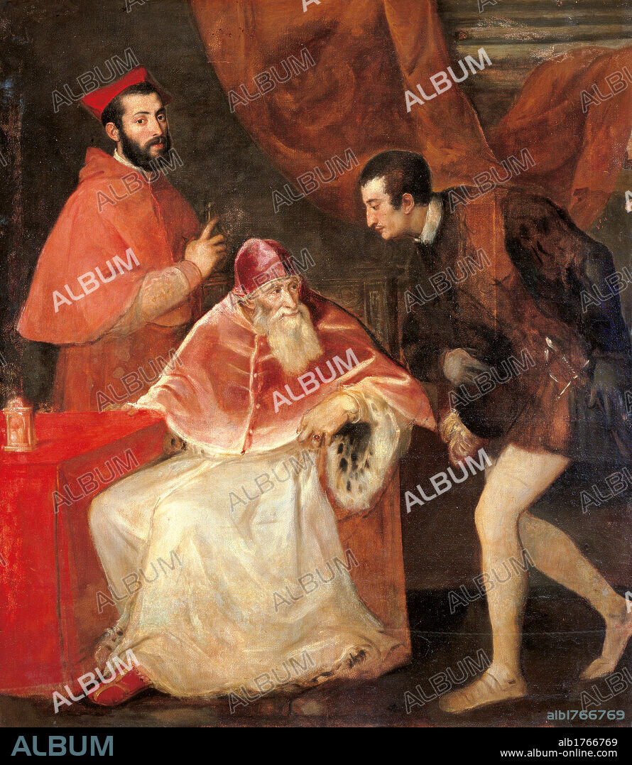 Danae Farnese, by Tiziano Vecellio known as Titian, 1545-1546, 16th Century, oil on canvas, cm 210 x 174. Italy, Campania, Naples, Capodimonte National Museum and Galleries. Detail. The aged Pope is sitting on a chair at the center. He wears a long white cassock, a red cape and a red headdress. His hand rests on a table covered by a thick red tablecloth. Authorization required for non editorial use.