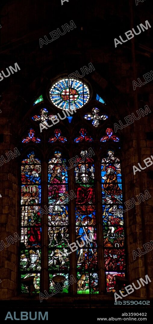 Vidriera de Santa María del Mar, representando el juicio final, Siglo XV, Barcelona, Barcelona, Cataluña, España.