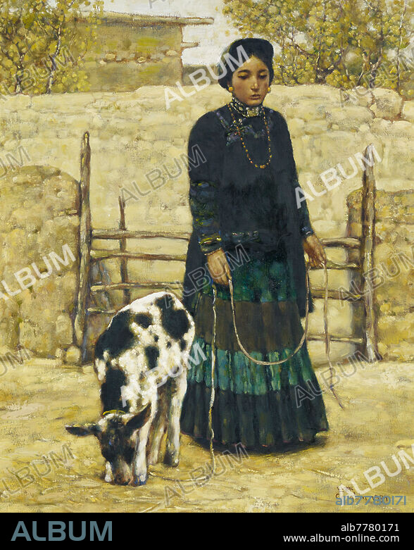 CHENG, CONGLIN<br>1954 Chengdu<br>Representative of Chinese 'Scar Art' in the 1970s.<br><br>Young goat herder. <br><br>China. Dated 1991. Oil on canvas. 69 x 56.5cm. The young woman, whose clothes clearly show that she is not married, stands in front of the gate of the goat pen with lower wall. Behind it, the higher wall around an estate with trees in fresh leaves. She is dressed in a long pleated skirt with blue and brown ribbons, combined with a top, which closes on the right shoulder and an embroidered collar. She wears a small headgear, jewelry in her ears, at the wrists and a necklace. Lowering her gaze, her face shows a serene expression. On a long leash, she holds a young, black and white spotted goat. Sign.: Cong Lin. 1991 (below right). Wooden frame 82 x 69.5cm. Framed in July 1991 by Art Trade TH. HÜLSMEIER, Osnabrück. Backside a label. Condition A/B. Art trade, Van Ham.