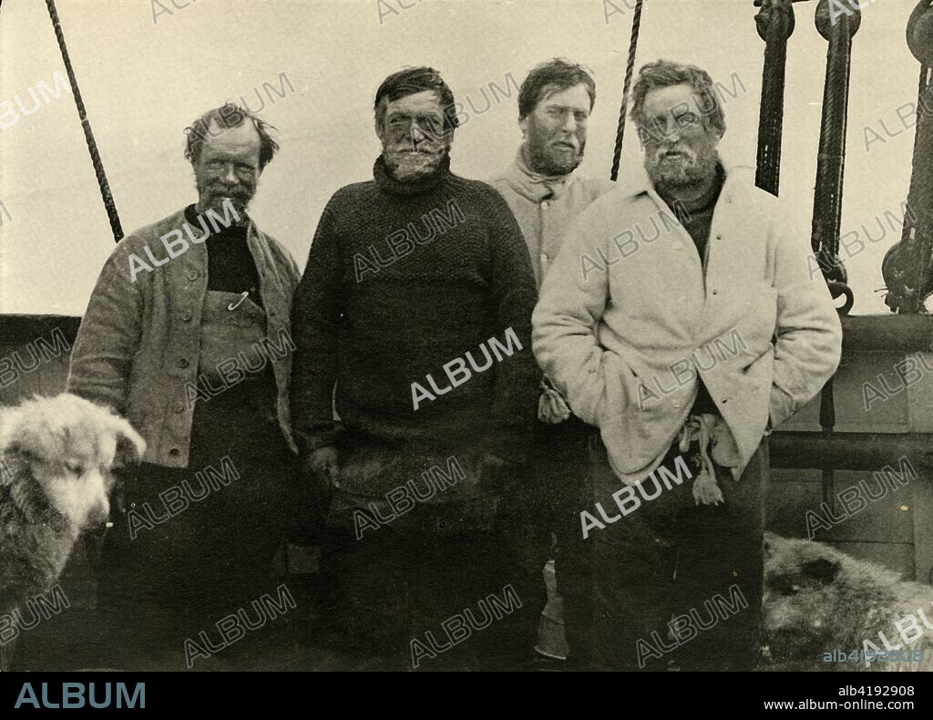 'The Southern Party on board the Nimrod.', 1909. Expedition members Frank Wild, Ernest Shackleton, Lieutenant Colonel Eric Marshall and Captain Jameson Adams. Anglo-Irish explorer Ernest Shackleton (1874-1922) made three expeditions to the Antarctic. During the second expedition, 1907-1909, he and three companions established a new record, Farthest South latitude at 88°S, only 97 geographical miles (112 statute miles, or 180 km) from the South Pole, the largest advance to the pole in exploration history. Members of his team also climbed Mount Erebus, the most active volcano in the Antarctic. Shackleton was knighted by King Edward VII for these achievements. He died during his third and last 'oceanographic and sub-antarctic' expedition, aged 47. Illustration from The Heart of the Antarctic, Vol. I, by E. H. Shackleton, C.V.O. [William Heinemann, London, 1909].