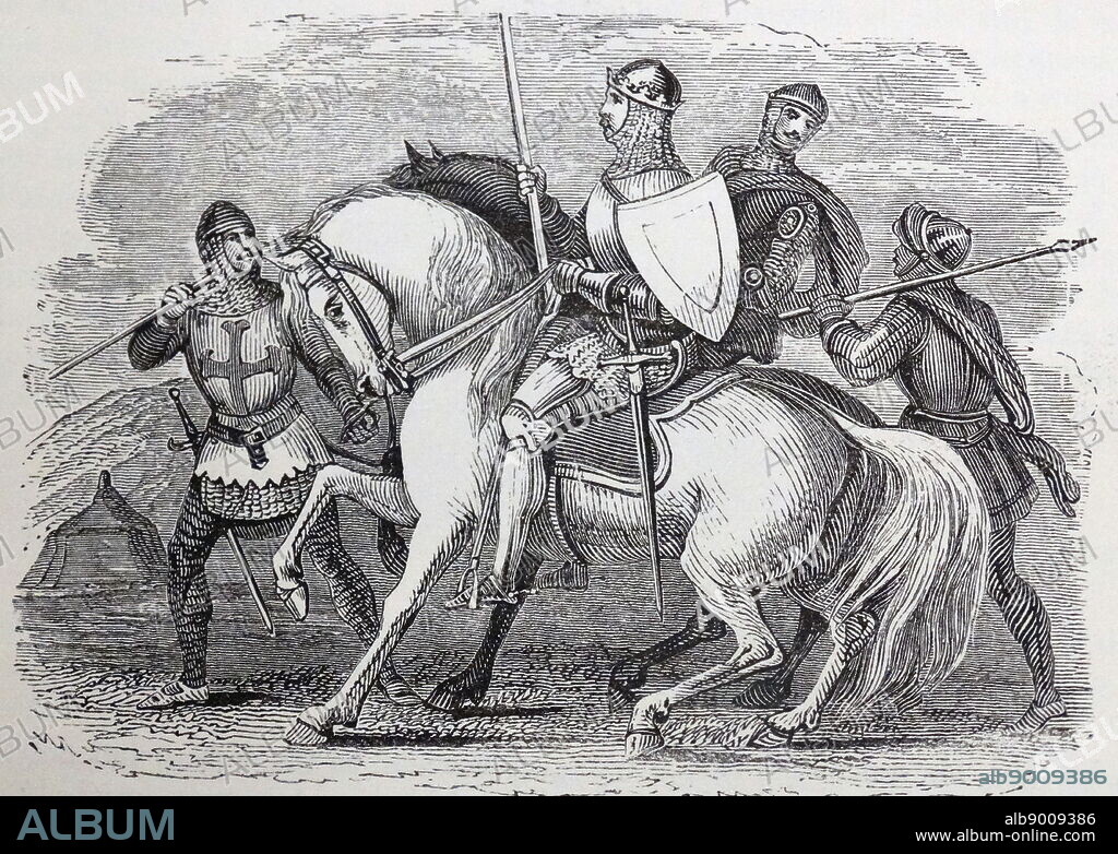 Engraving depicting a 14th Century knight during the Hundred Years' War. Dated 14th Century.