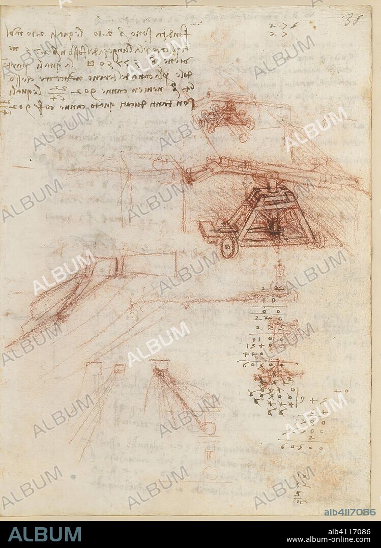 LEONARDO DA VINCI. Folio f 36r. Codex Madrid II (Ms. 8936) "Treaty of fortification, statics and geometry". 158 folios with 316 pages. Internal format: 210 x 145 mm. MATH OPERATIONS, ACCOUNTING NOTES. CIVIL ENGINEERING, CONSTRUCTION. MILITARY ENGINEERING, FORTIFICATIONS. UNITS OF WEIGHT AND MEASURES. PRINCIPLES OF MECHANICS, CINEMATICS, DYNAMICS.