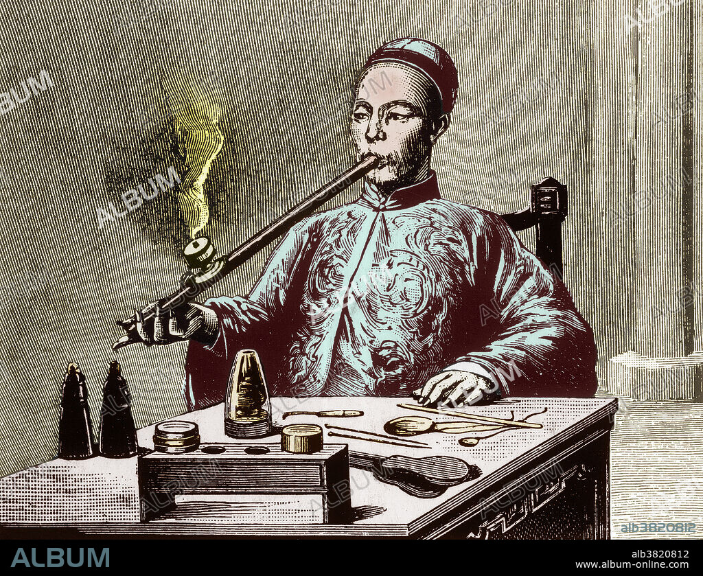 Man smoking opium through an opium pipe. Opium is a narcotic drug obtained from the seeds of the opium poppy. It contains the chemicals morphine and codeine, as well as other alkaloids. The opium resin from the poppy is processed, and then burned in pipes. The smoker inhales the vapours from the burning resin. Opium is an addictive drug. In the 19th century and the early 20th century, opium smoking was common worldwide, especially in Asia, which was one of the sources of the opium poppy. There were many opium dens where such smoking took place.